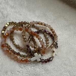 Beaded Bracelets Peachy Gold Mauve Set of 5 with Cross Charms on 2 of them NWOT